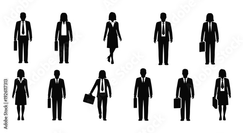 A collection of black silhouettes depicting business professionals in various poses and attire silhouette high quality professional detailed