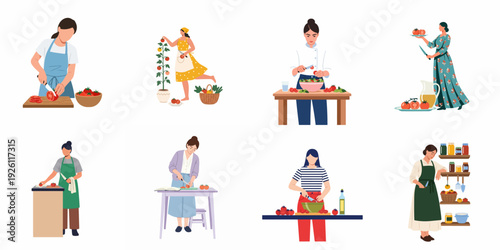 Diverse women preparing and enjoying fresh tomatoes in various culinary and gardening activities, emphasizing healthy eating and homemade food.