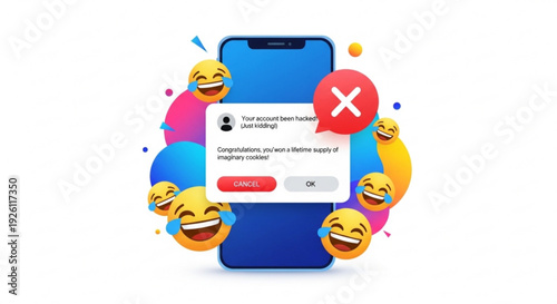 Smartphone with laughing emojis and notification pop up on screen surrounded by colorful confetti and social media symbols representing online communication and digital interaction