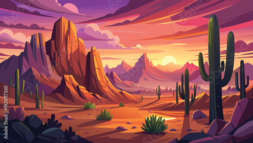 Vibrant desert landscape at sunset with cacti and majestic rock formations