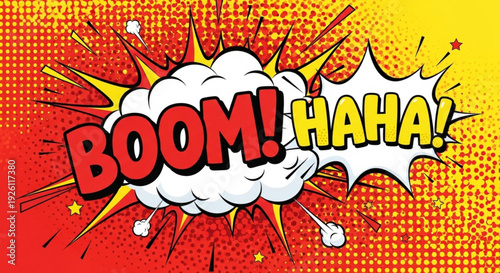 Vibrant comic book style illustration of explosion with boom and haha text on red yellow background