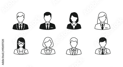 A collection of eight monochrome head and shoulder portraits depicting diverse individuals a clean silhouette high quality professional