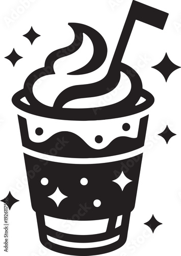 Delicious milkshake frappe beverage with whipped cream and straw icon in black and white vector style.