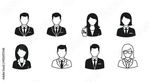 A collection of eight black silhouettes depicting diverse business professionals demonstrating workplace representation silhouette high quality professional detailed