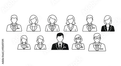 A group of diverse business professionals depicted in a minimalist line art style silhouette high quality professional detailed