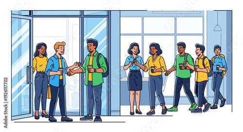 Smiling Colleagues Morning Office Arrival