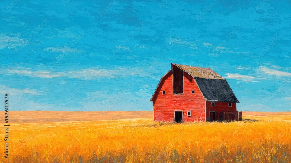 Fototapeta premium Red barn in a golden wheat field under a blue sky with painterly texture