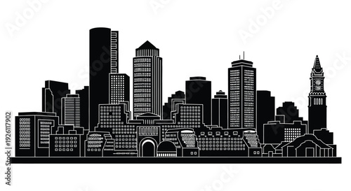 A striking black cityscape featuring prominent buildings and a clock tower presented as a silhouette high quality professional