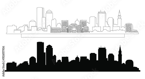 A detailed black and white illustration depicts a city skyline with a contrasting silhouette high quality professional modern