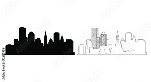A stark contrast of two city skylines depicted in black and white forming a striking silhouette high quality