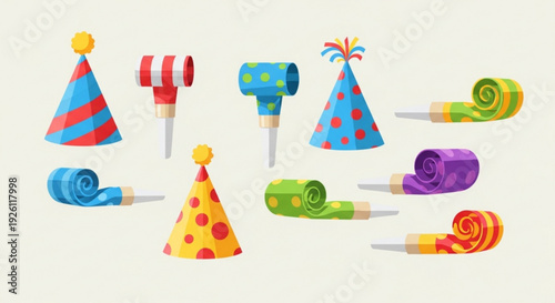 Colorful party blowouts and hats on white background for celebrations and fun