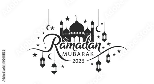 Elegant ramadan kareem greeting card design featuring a mosque and crescent moon silhouette high quality professional detailed modern