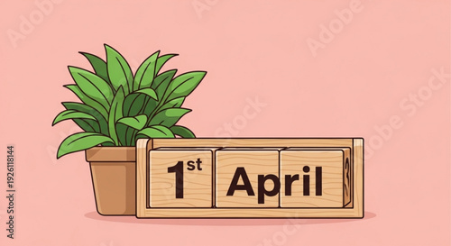 April 1st calendar with potted plant on pink background springtime and april fool's day concept