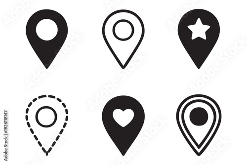 Wallpaper Mural Collection of six black and white map pin icons with various symbols Torontodigital.ca