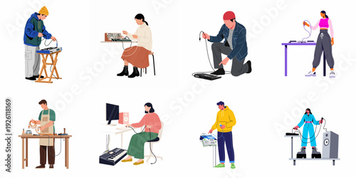 Diverse Individuals Engaging in Electronic Music Production and Setup: Connecting Cables, Operating Synthesizers, and Crafting Sound Equipment.