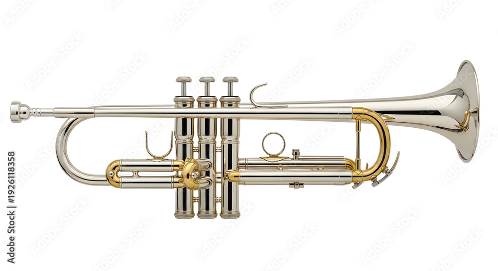 Obraz premium Professional Silver and Gold Trumpet, Isolated Subject for Music and Performance Graphics