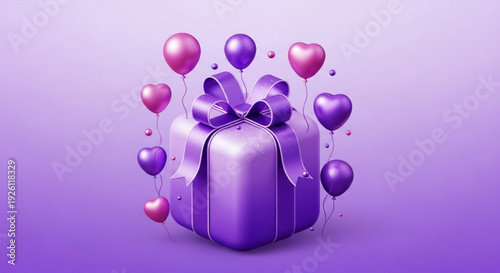 Purple gift box with bow and colorful balloons on purple background for celebration