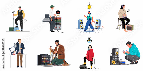 Diverse individuals engaged in audio production, sound engineering, and music setup, featuring microphones, speakers, and mixing consoles.