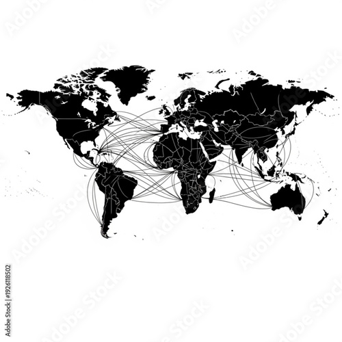 Black and white world map with connected lines