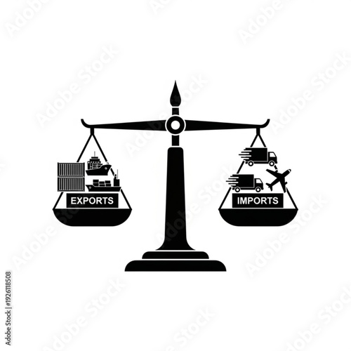 Black silhouette of balance scale comparing exports and imports