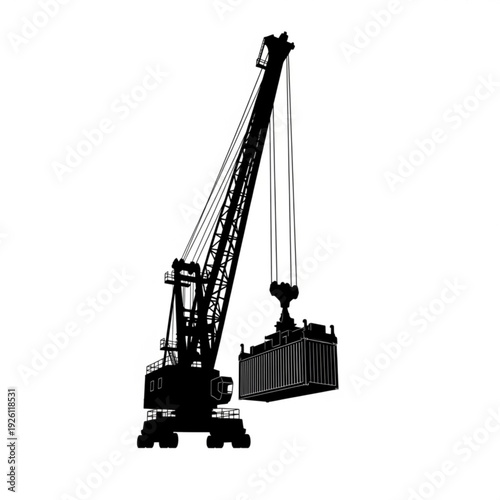 Black silhouette of a construction crane lifting a shipping container