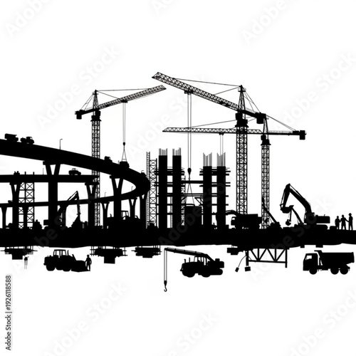 Construction site with cranes and heavy machinery