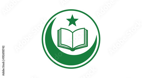 A green circular emblem displaying a crescent moon star and open book a symbolic silhouette high quality professional