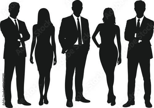 Full length set of black silhouettes featuring a diverse group of professional business people, men and women standing in formal office attire and suits.