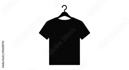 A stark black silhouette of a t shirt hanging on a clothes hanger against a white background silhouette