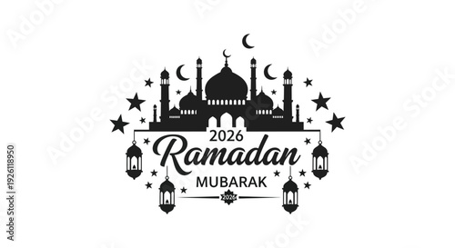 A festive ramadan kareem greeting featuring a mosque crescent moon and stars in black silhouette high quality professional
