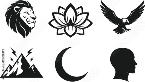Black silhouette icons of a lion head lotus flower eagle mountain with lightning moon and human profile isolated on white background for logos