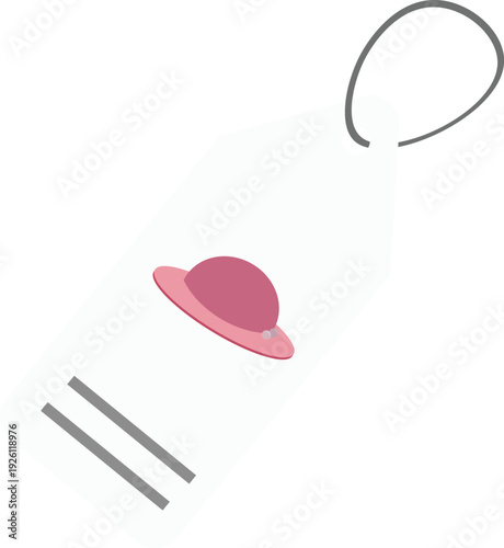 A flat vector illustration of a white paper merchandise tag featuring a pink wide-brimmed sun hat or cloche icon. The design includes two grey lines for text or pricing and a thin grey loop string.
