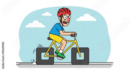 Cartoon man wearing red helmet riding yellow bicycle with oversized tires on road against blue sky with white clouds