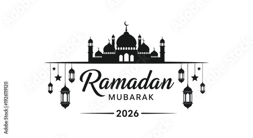 Elegant ramadan mubarak greeting with a mosque and lantern design presented as a dark silhouette high quality professional
