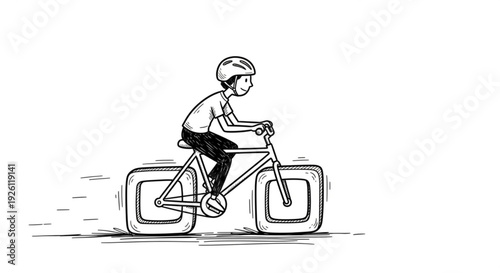 Boy riding bicycle with square wheels motion blur simple illustration black and white
