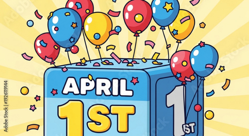 Colorful calendar marking april 1st with balloons and confetti on yellow background celebrating a special day
