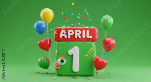 Colorful april fools' day celebration with balloons and confetti on green background