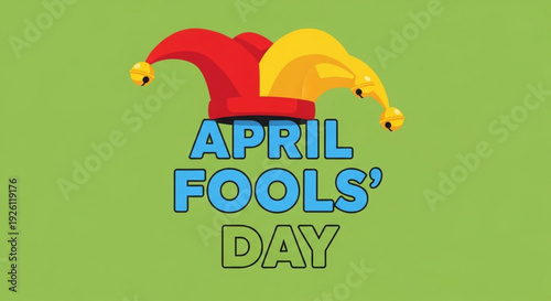 April fools' day colorful jester hat on green background with blue and green text