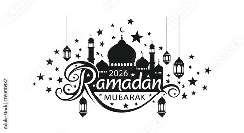 A festive ramadan kareem greeting with a mosque and crescent moon in black silhouette high quality professional detailed