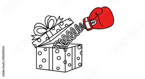 Surprise boxing glove emerging from gift box with polka dots and ribbon