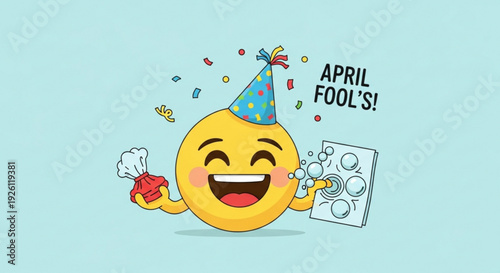 Happy april fool's day smiling emoji wearing party hat holding cake and bubbles on light blue background