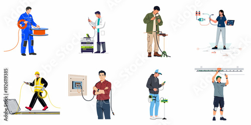 Professionals installing, testing, and maintaining various communication and electrical cabling infrastructure, highlighting connectivity and technical expertise.