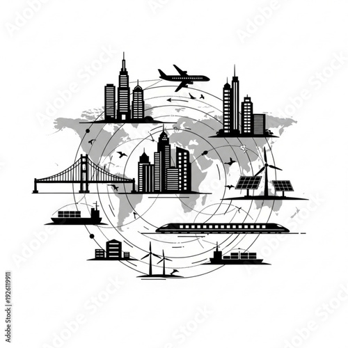Black and white cityscape with transportation