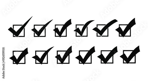 Collection of twelve black checkmark icons illustrating successful completion of tasks or voting options