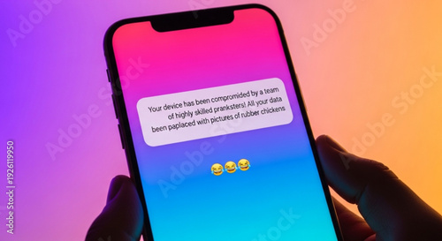 Hands holding smartphone with alert message on screen against colorful background