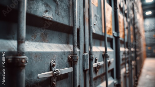 Wallpaper Mural Close-up of weathered metal shipping containers in a warehouse storage facility. Torontodigital.ca
