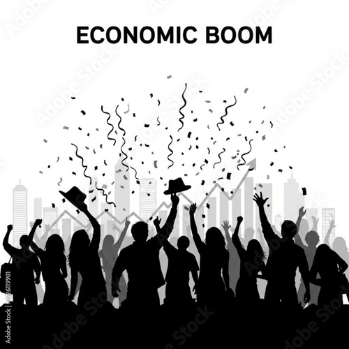 Economic boom concept with people celebrating in front of city skyline