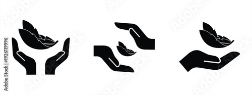 Icon set of leaves in hand. Black silhouette with young plant and hand. Concept of environmental protection and care. Vector illustration.