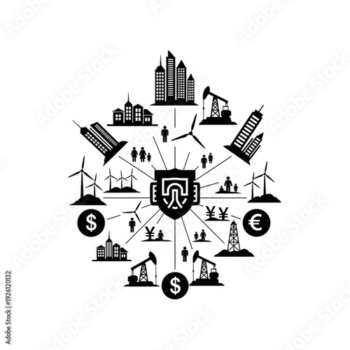Black and white infographic of global economy and renewable energy