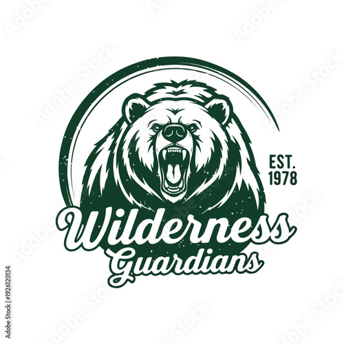 Logo design featuring a bear's head with a fierce expression within a circular frame and the text Wilderness Guardians on a white background.